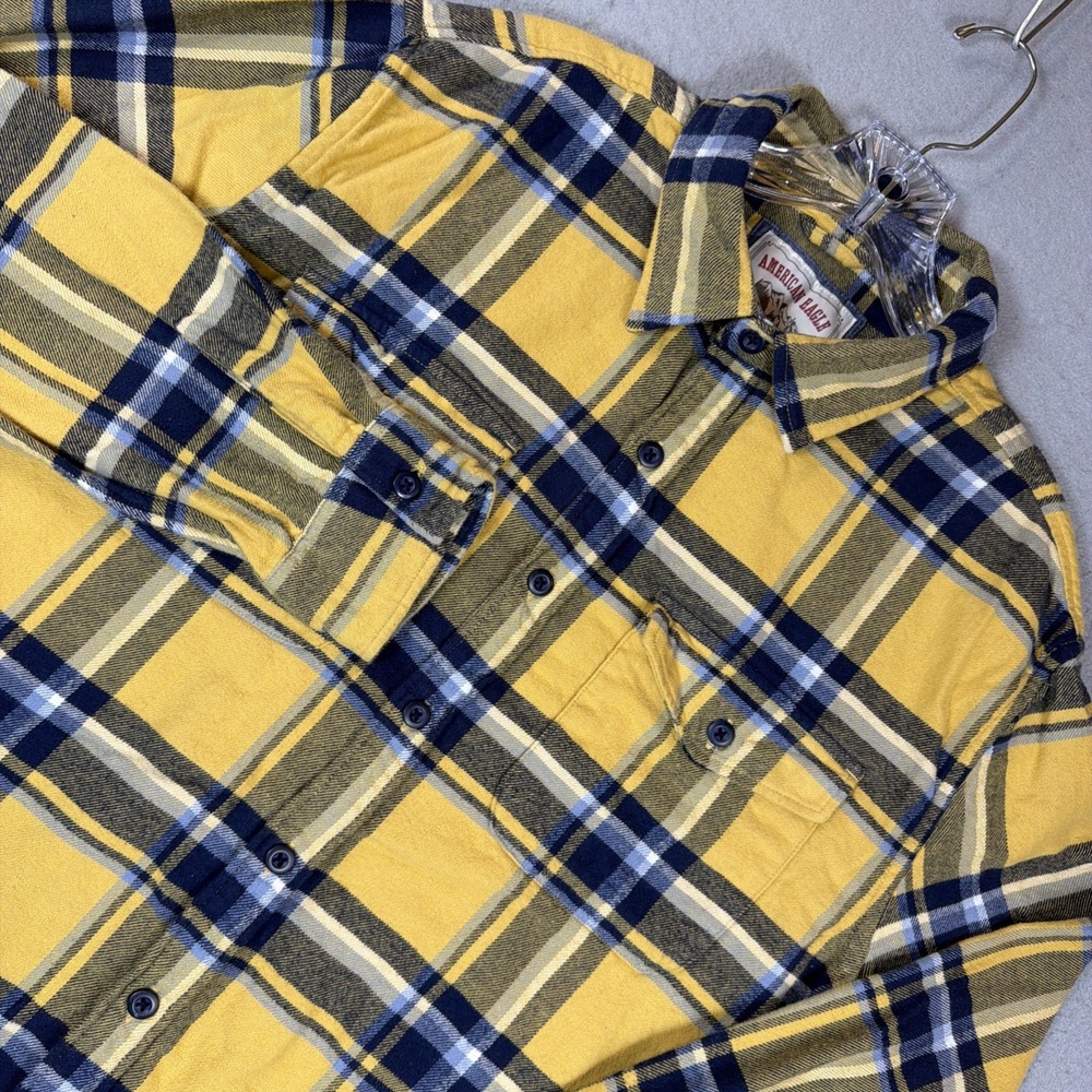 American Eagle Yellow & Blue Plaid Flannel Button Down Shirt Large